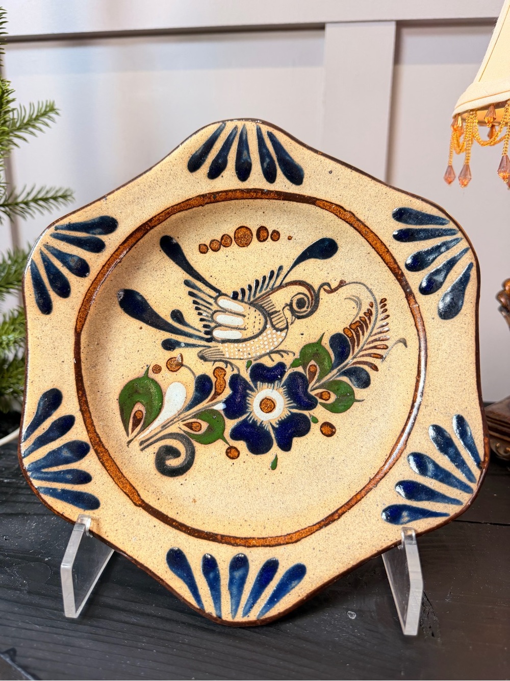 Tonala Mexico Pottery Dish Plate Bird & Flowers Large Signed CO Stoneware